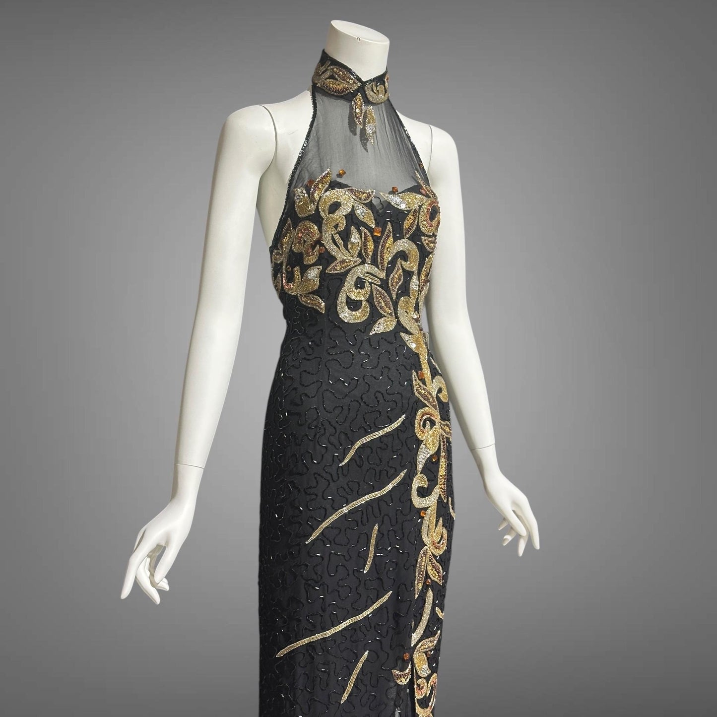 J REYNOLDS DESIGNS, vintage 1990s evening gown, Deadstock Black Beaded Halter Prom slip dress