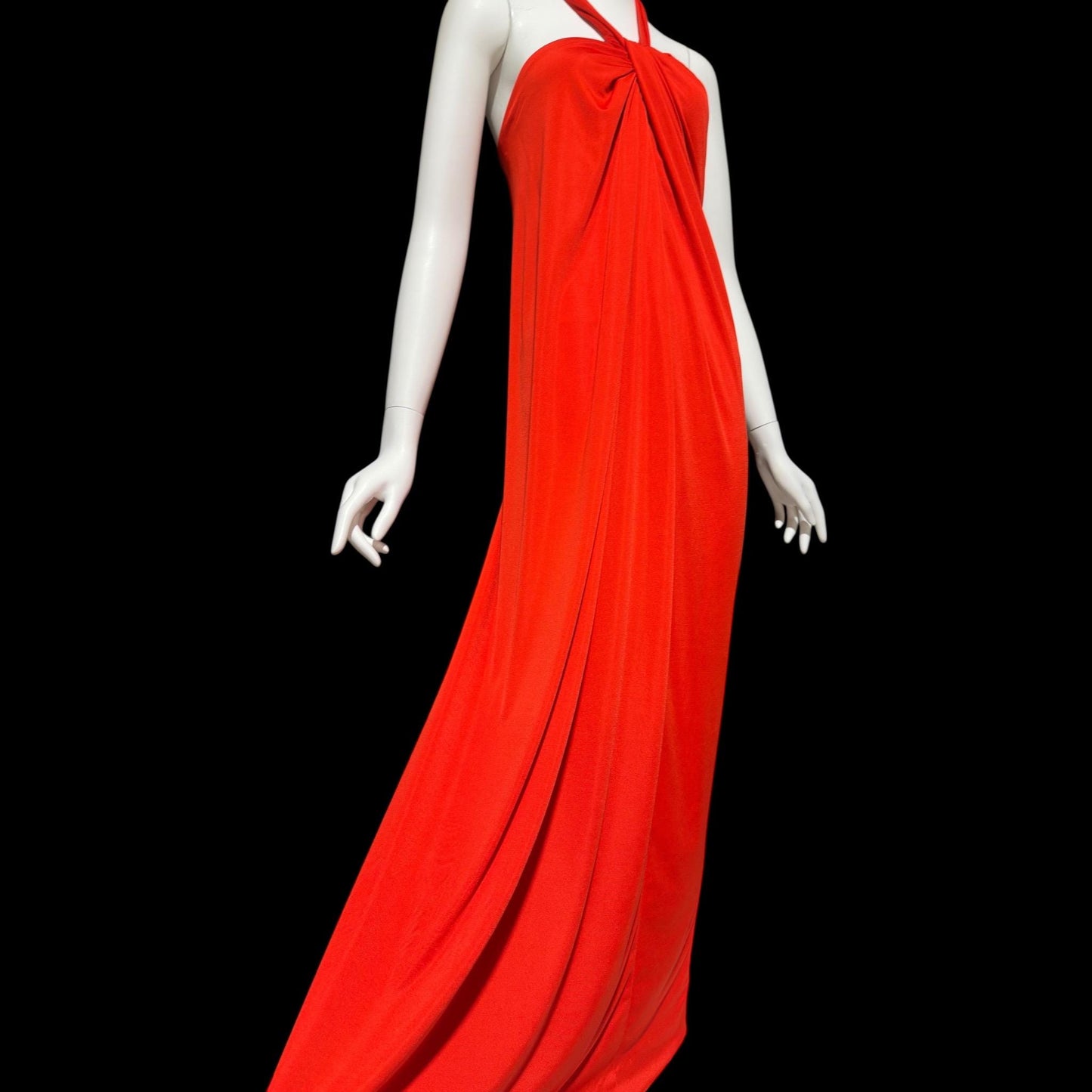 VICTOR COSTA vintage 1970s evening dress, vibrant red jersey knit goddess gown