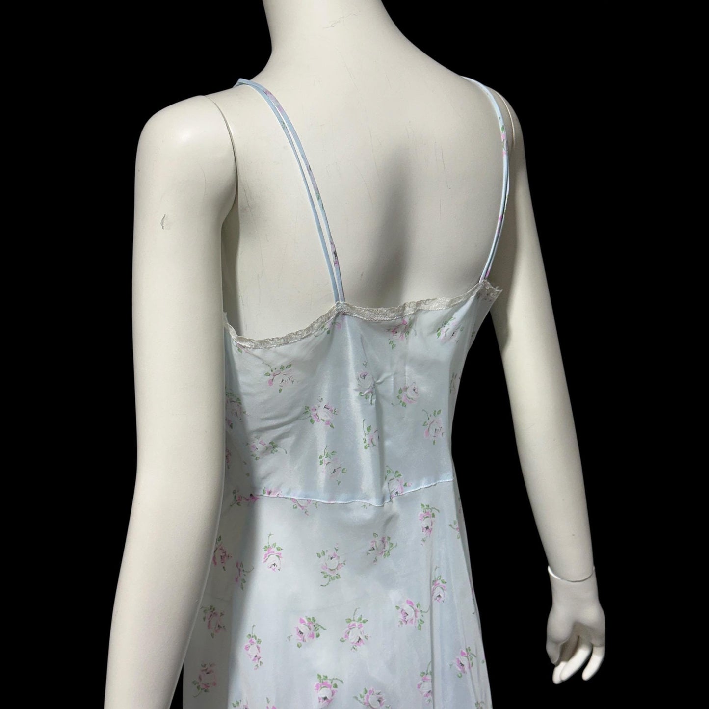 ALBERTA vintage 1940s nightgown slip dress, Sheer dusty blue with with pink rosebuds, Old Hollywood full length gown