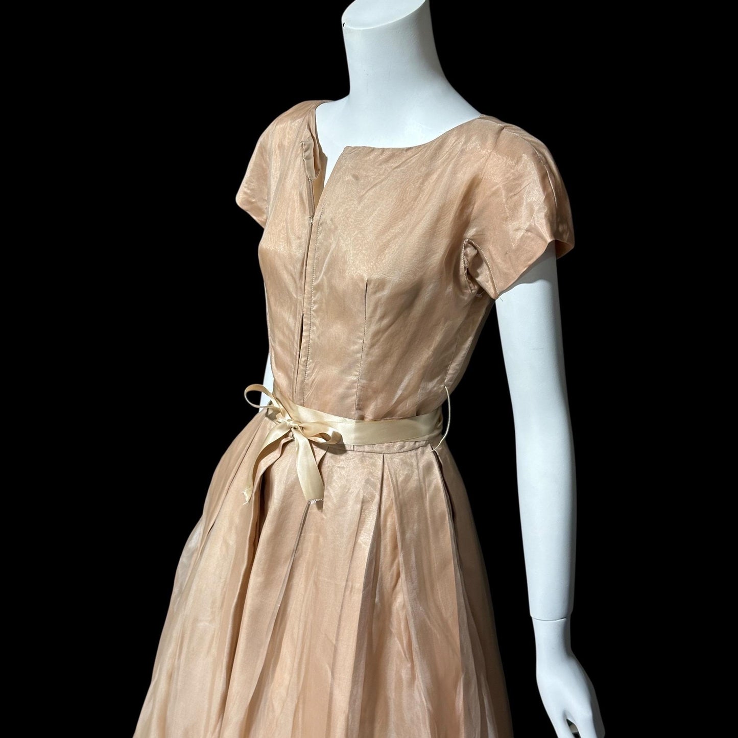 GIGI YOUNG, vintage 1950s dress, Toasty Caramel organza cocktail party dress, pleated fit & flare dress