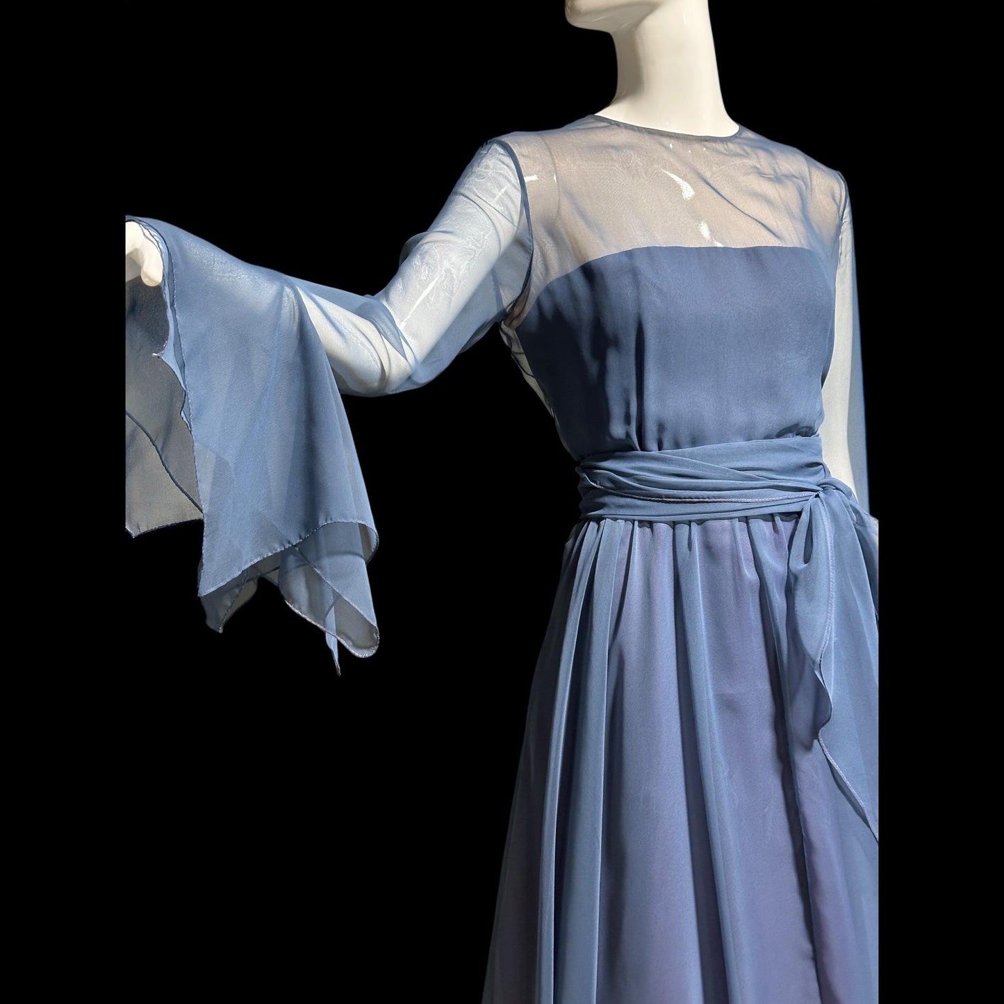 KIKI HART vintage 1960s evening dress, dusty blue poly chiffon gown, Scarf Sleeves