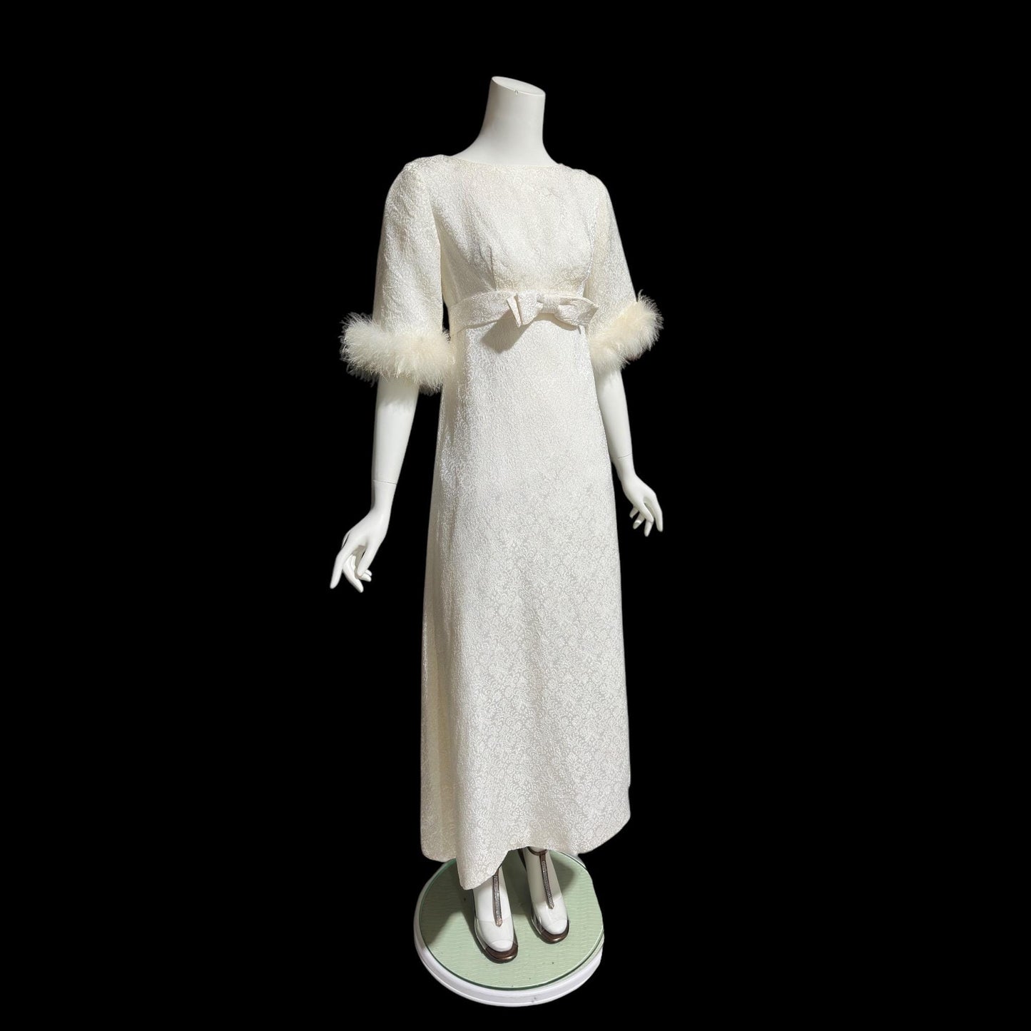 1960s vintage wedding dress gown, shimmering pearly white damask & marabou feathers bridal evening dress