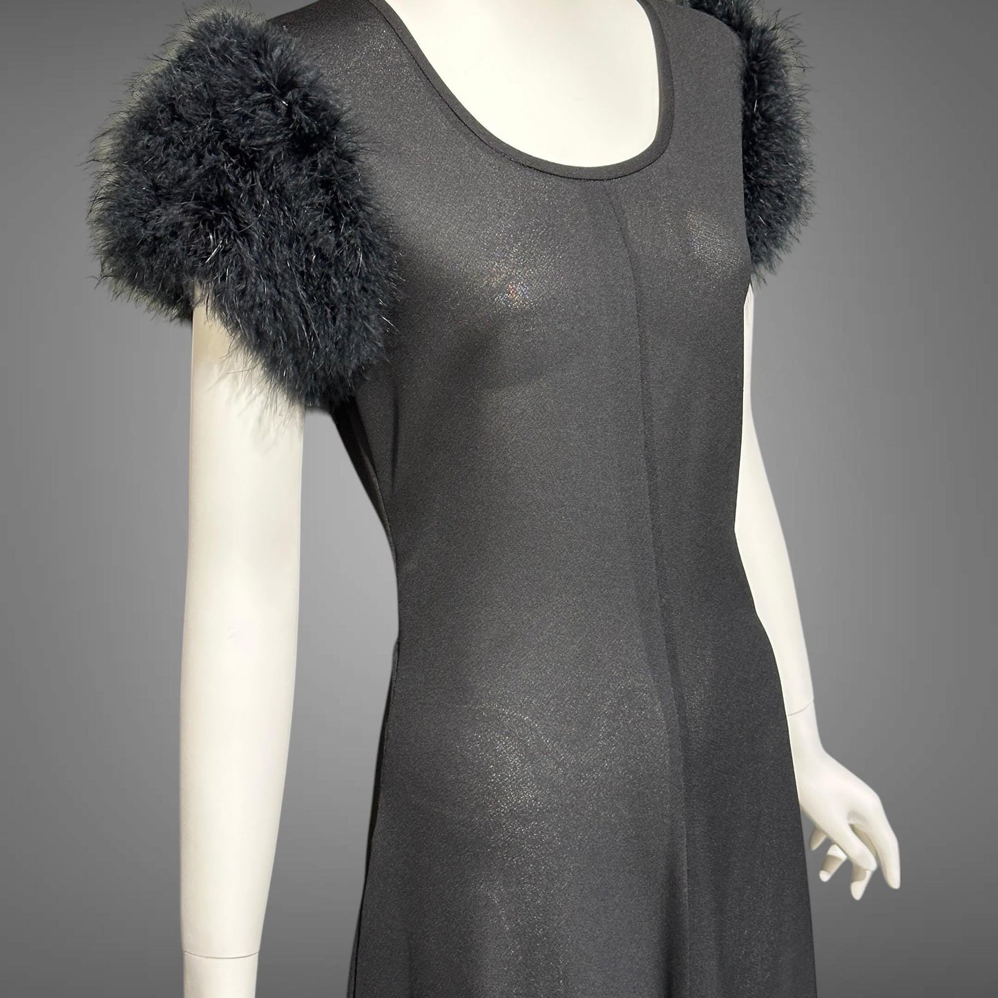 FIFTH AVENUE ROBES, vintage 1950s nightgown, black sheath evening gown with marabou sleeves, totally sheer house dress