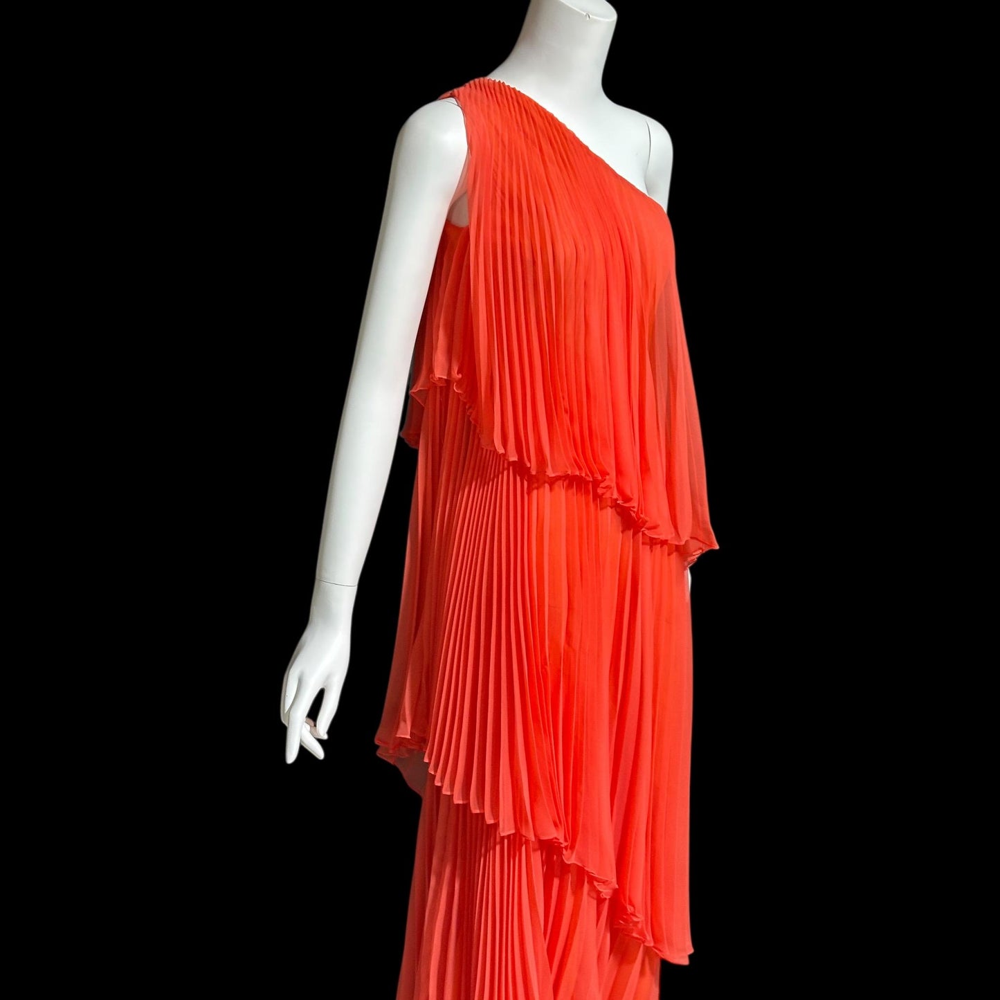 ESTEVEZ Vintage 1970s evening dress gown, Orange One Shoulder Pleated Chiffon full length gown