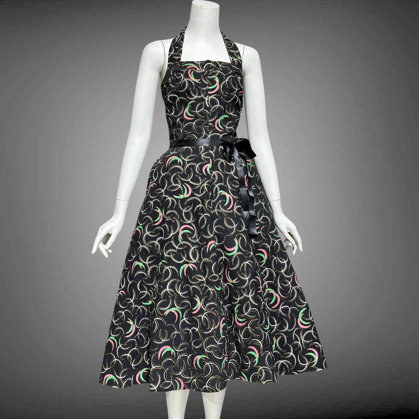 1950s vintage day dress, Shelf bust Halter Sundress, Black and pink cotton pinup dress