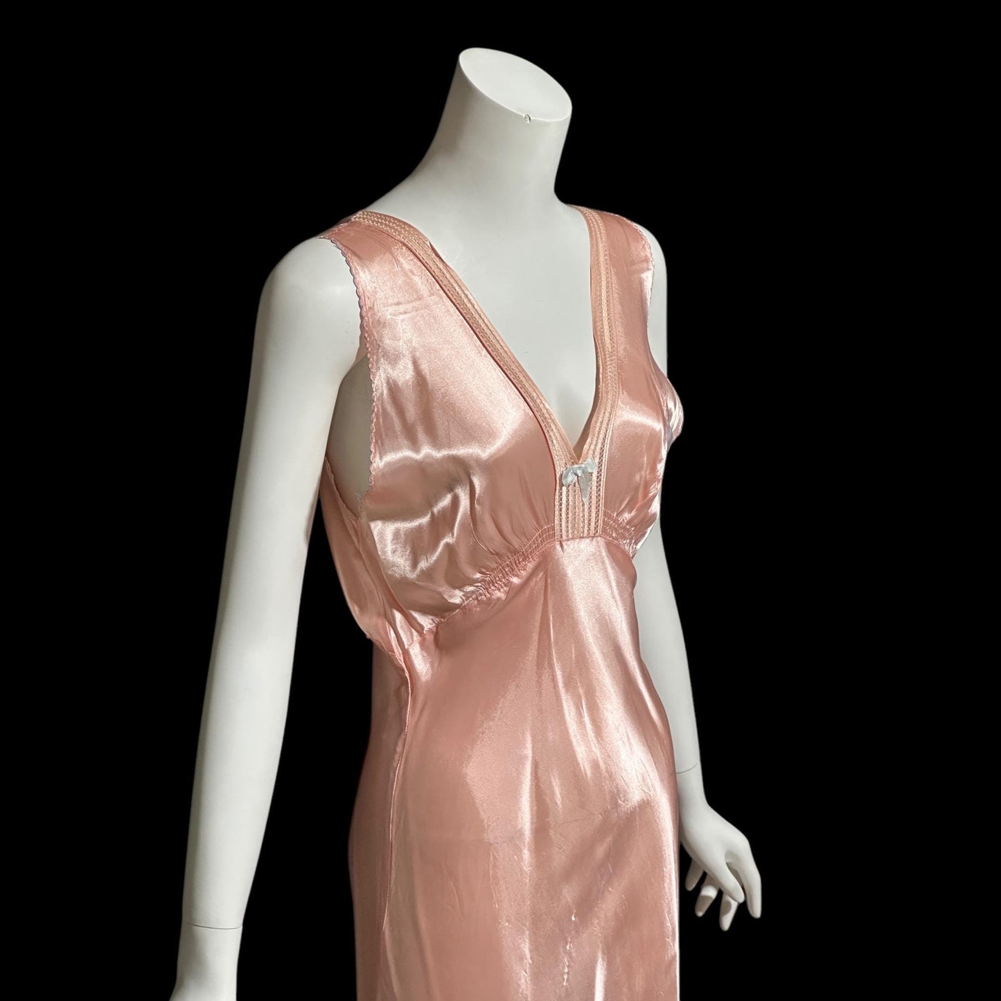 1940s vintage nightgown slip dress, Shiny dusty rose peachy pink bias cut slip dress, full length
