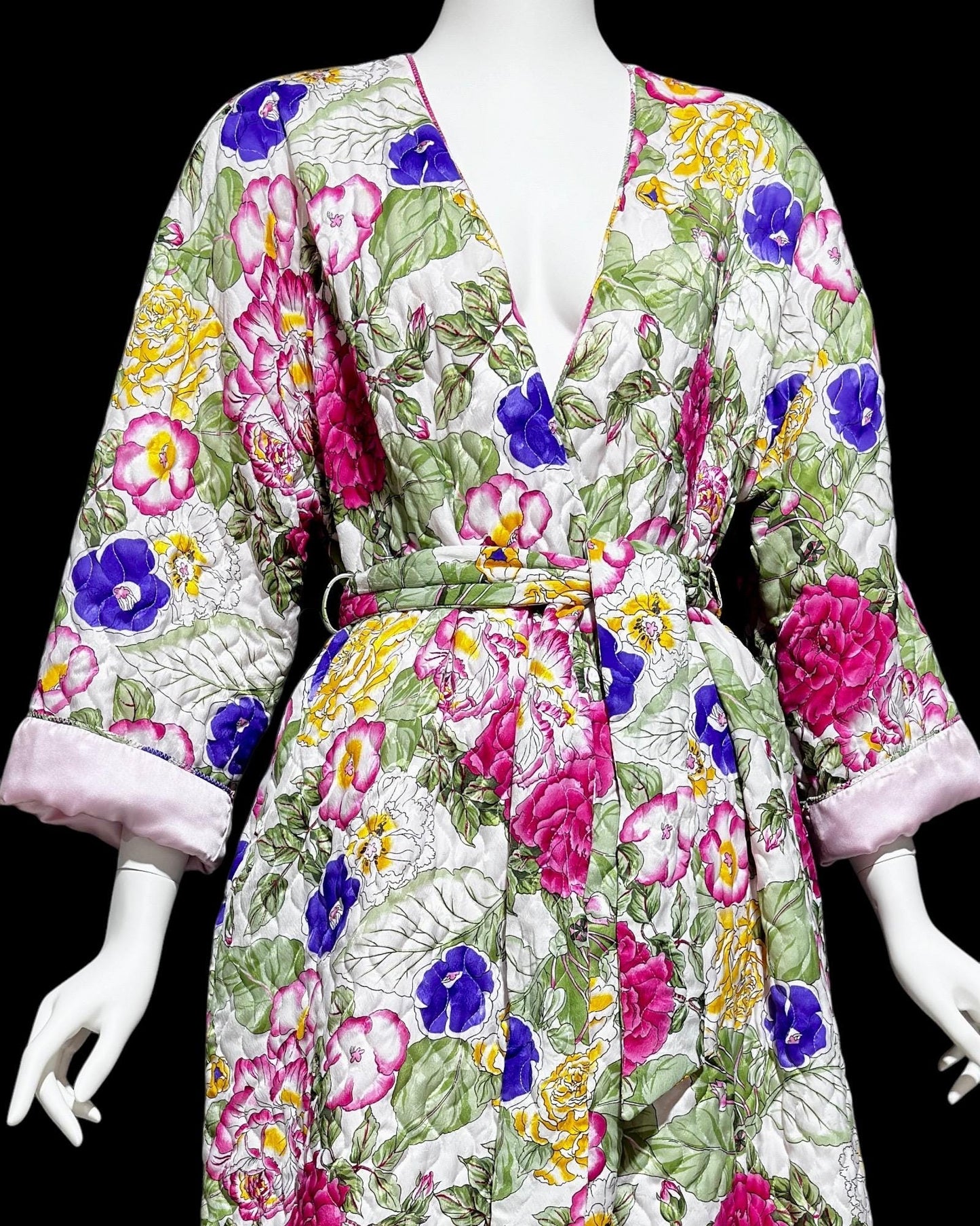 MARY MCFADDEN vintage quilted floral robe, 1980s bold flowers wrap front full length long robe, medium