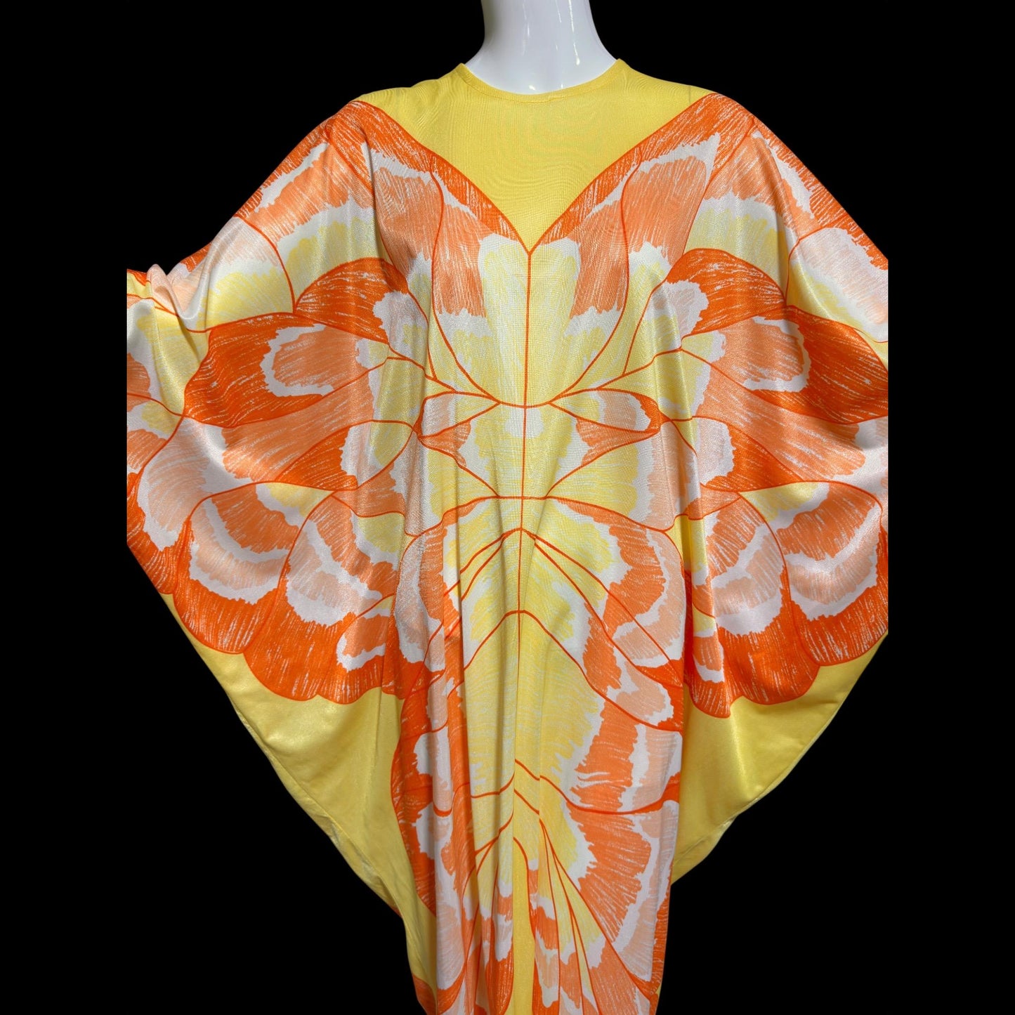 1970s Vintage butterfly caftan dress, Yellow and orange nylon butterfly motif loose house party dress