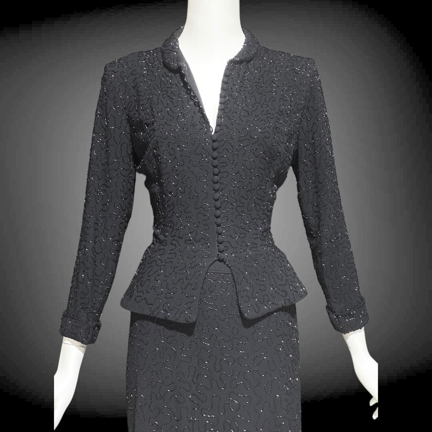 CEIL CHAPMAN vintage 1940s Beaded Evening Suit, Black crepe Cocktail Skirt and Jacket set