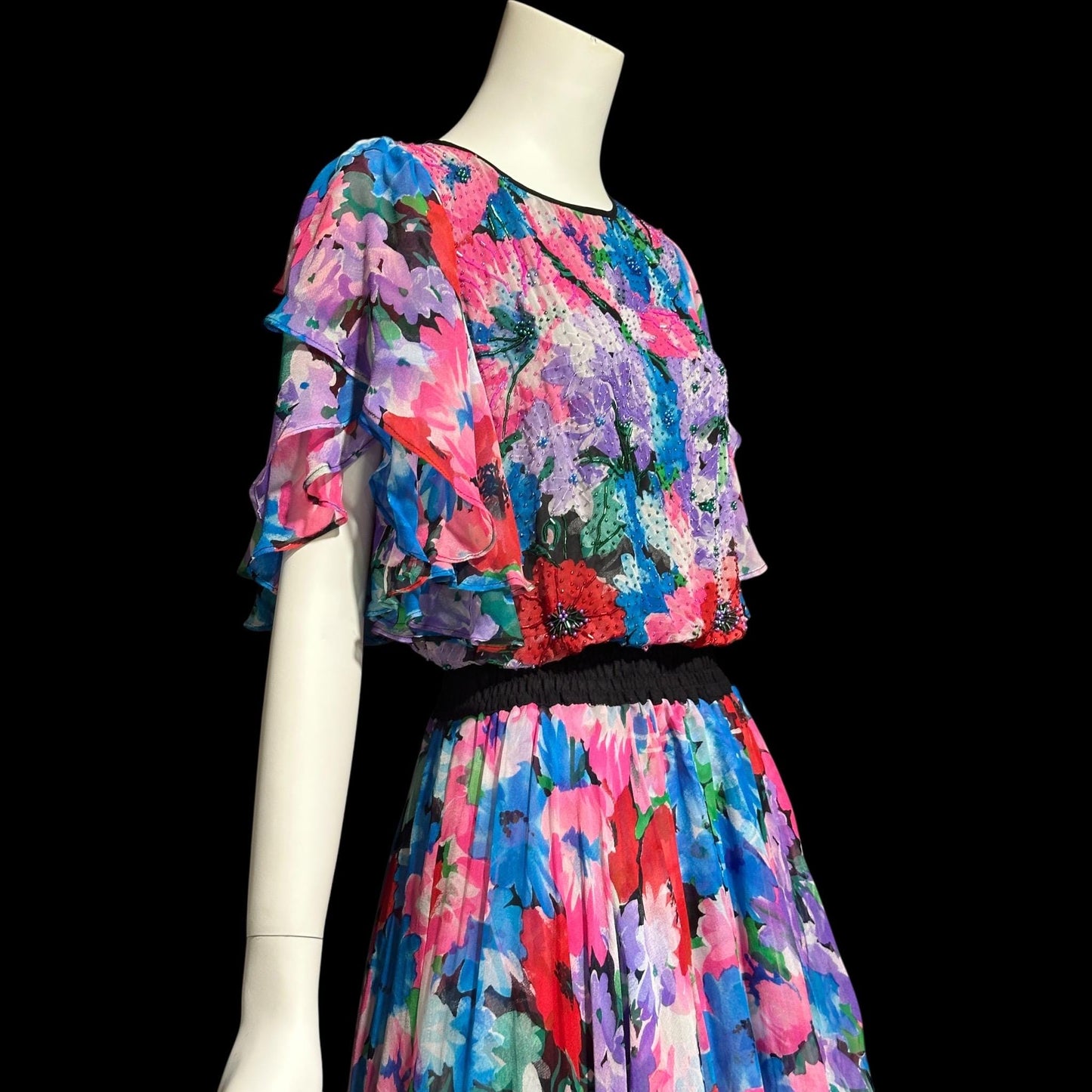 DIANE FREIS vintage 1980s silk dress, Neiman Marcus floral gypsy dress, flutter sleeves high low ruffle cocktail dress