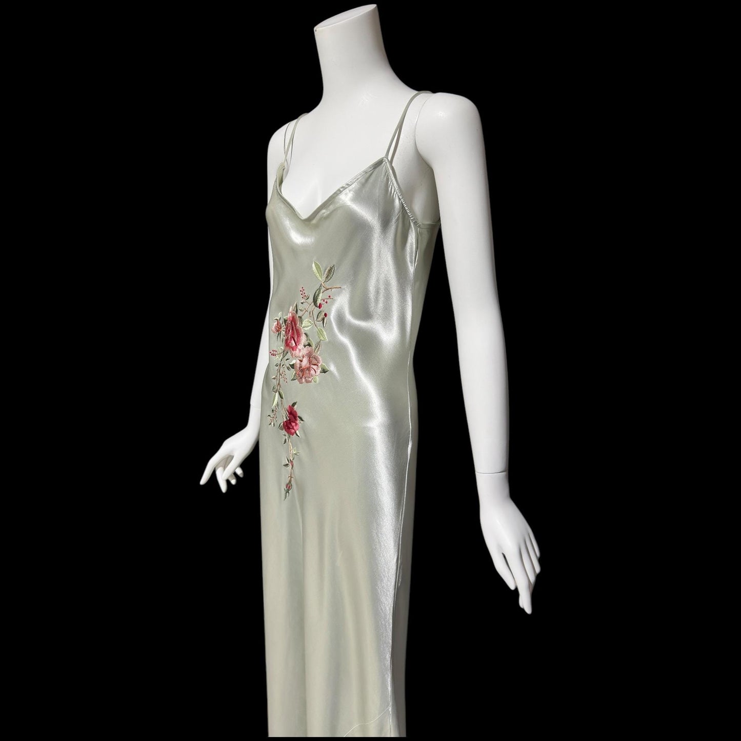 BONNIE STRAUSS, vintage 1990s slip dress, shiny satin bias cut sheath embroidered gown, 1940s style gown