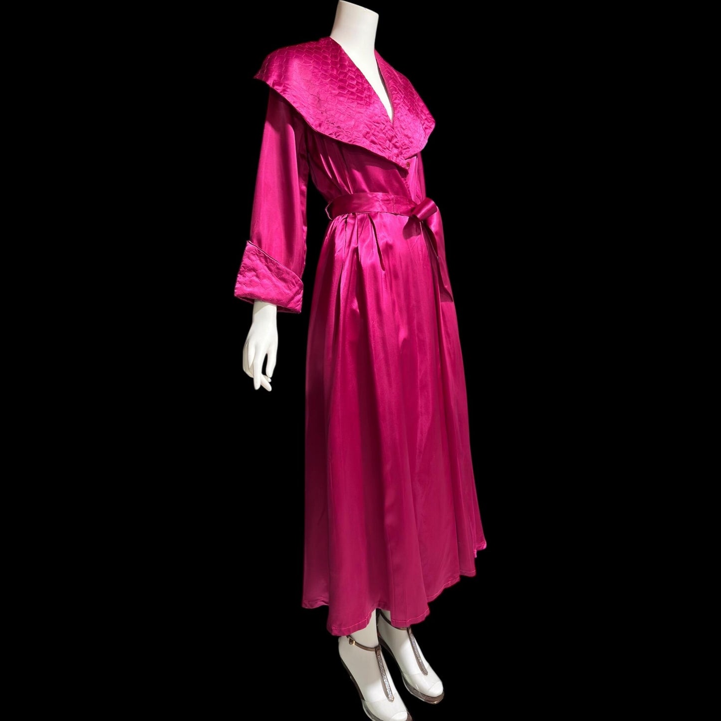 GLORIA NEW YORK, vintage 1940s dressing gown robe, Magenta slipper satin huge collar wrap front housecoat