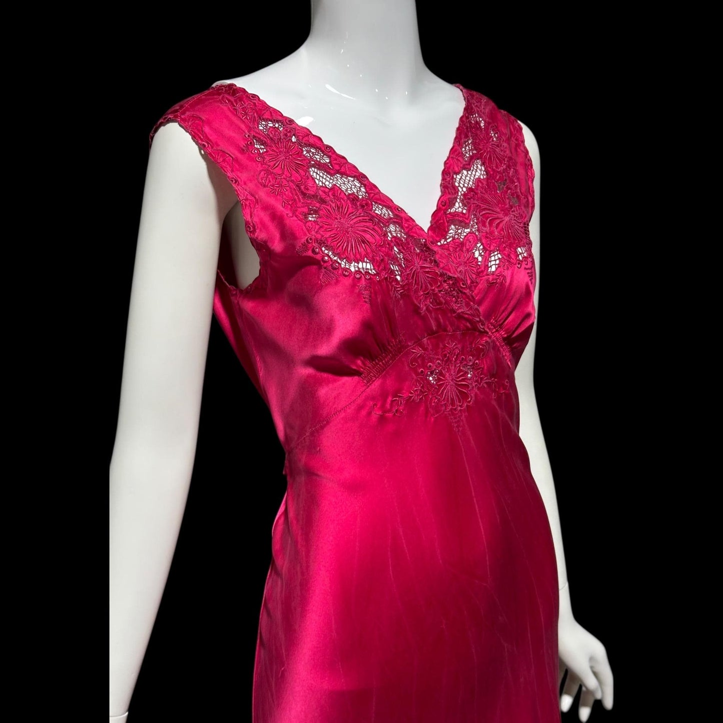 PEONY vintage 1950s Silk Nightgown Slip Dress: Made in SHANGHAI Embroidered Magenta bias cut gown