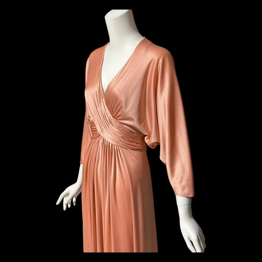 ESTEVEZ vintage 1970s evening dress, peachy copper jersey knit Goddess hostess dress