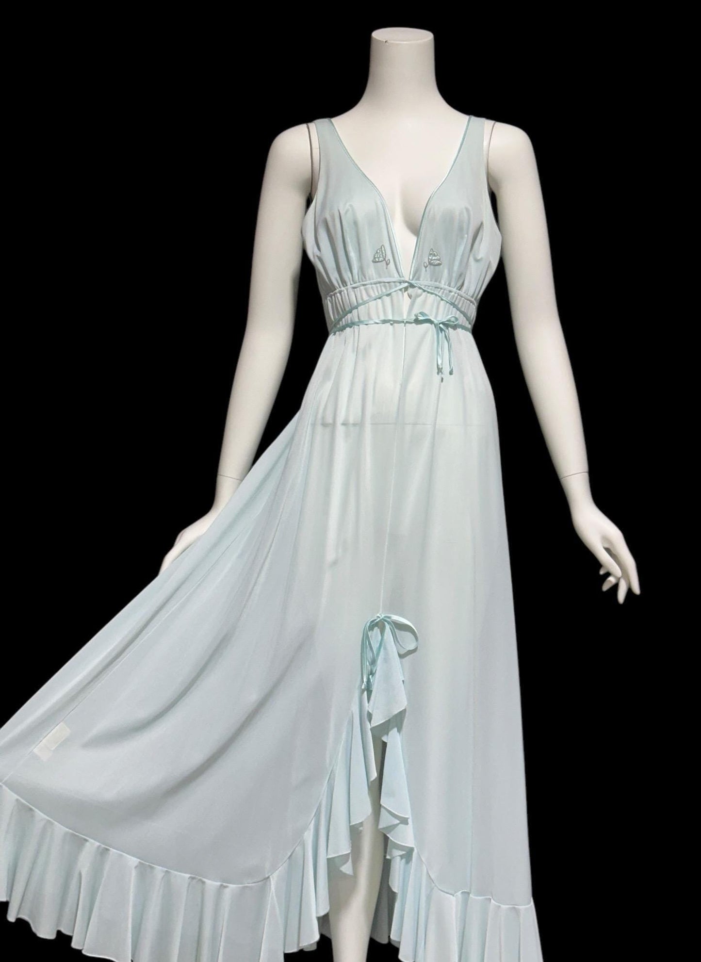 LUCIE ANN BEVERLY Hills, Claire Sandra vintage 1960s nightgown, powder blue jersey knit ruffled hem gown