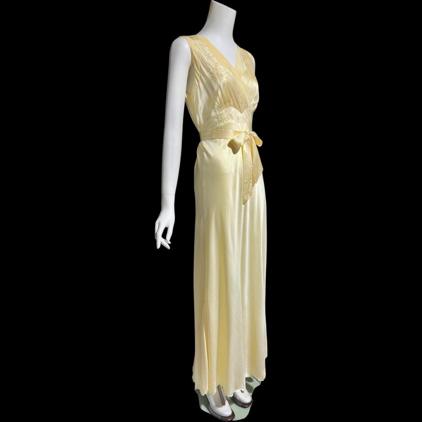 1940s vintage Silk Nightgown slip dress, Butter yellow bias cut embroidered lace slip dress