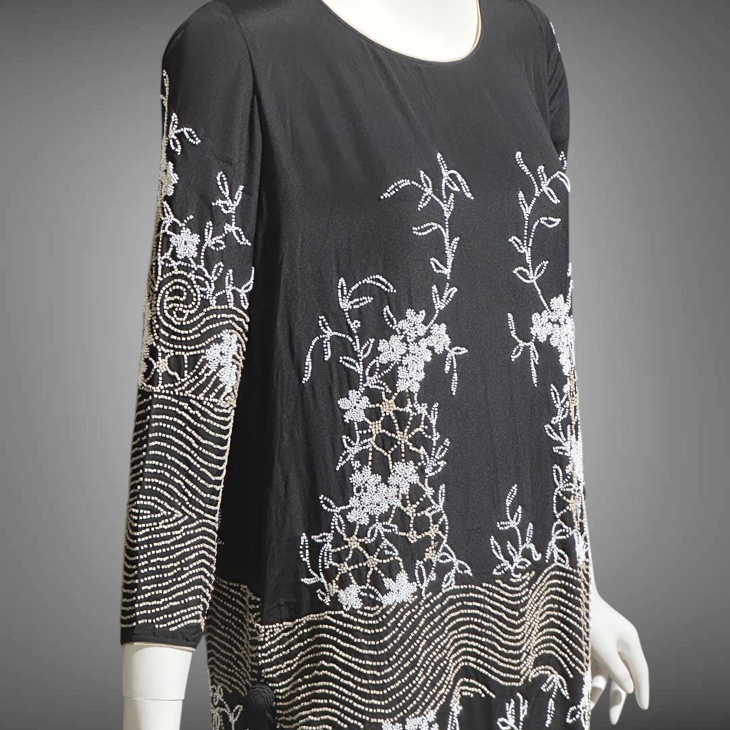 HOUSE OF ADAIR, vintage 1920s dress, black and white shift beaded flapper dress, heavy beading
