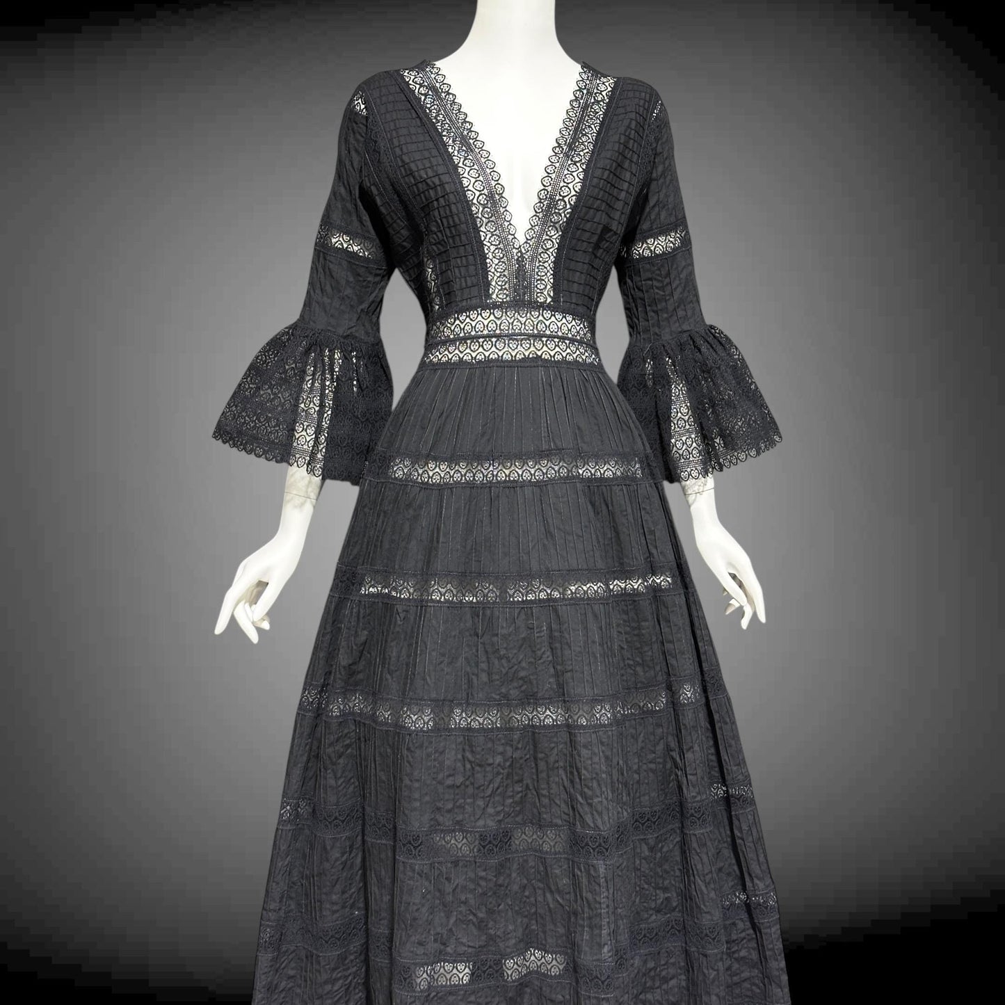 1970s vintage Mexican Wedding dress, Black cotton blend Deep V ball gown, long bell Sleeves, Maxi Hippie Bohemian gown