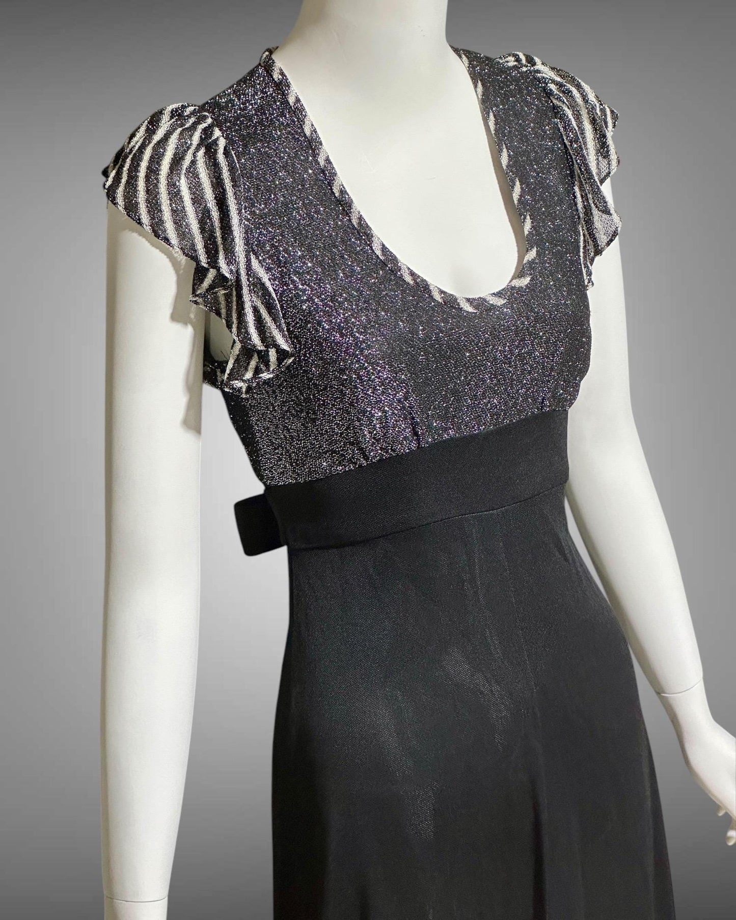 YOUNG INNOCENT by ARPEJA, 1970s vintage black jersey knit & lurex long dress