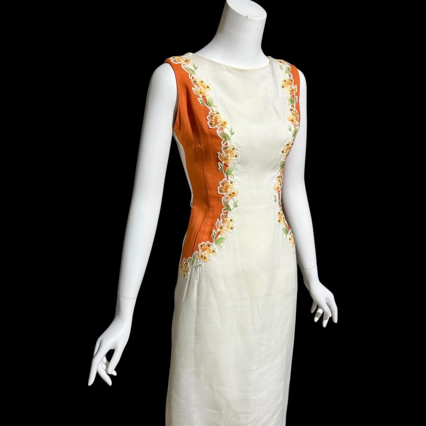 CHARLES WARNER, vintage 1960s Linen day dress, organza floral trim, Cocktail luncheon dress