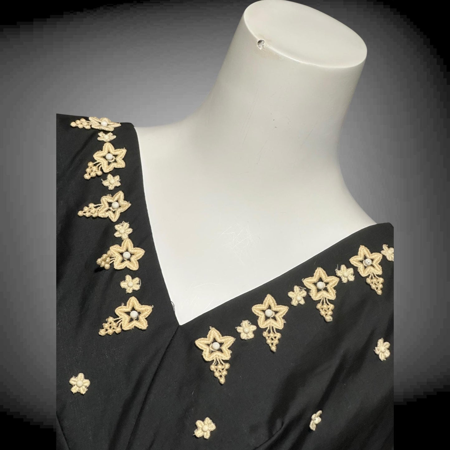 1940s vintage Black polished cotton cocktail party dress, circle skirt fit & flare dress