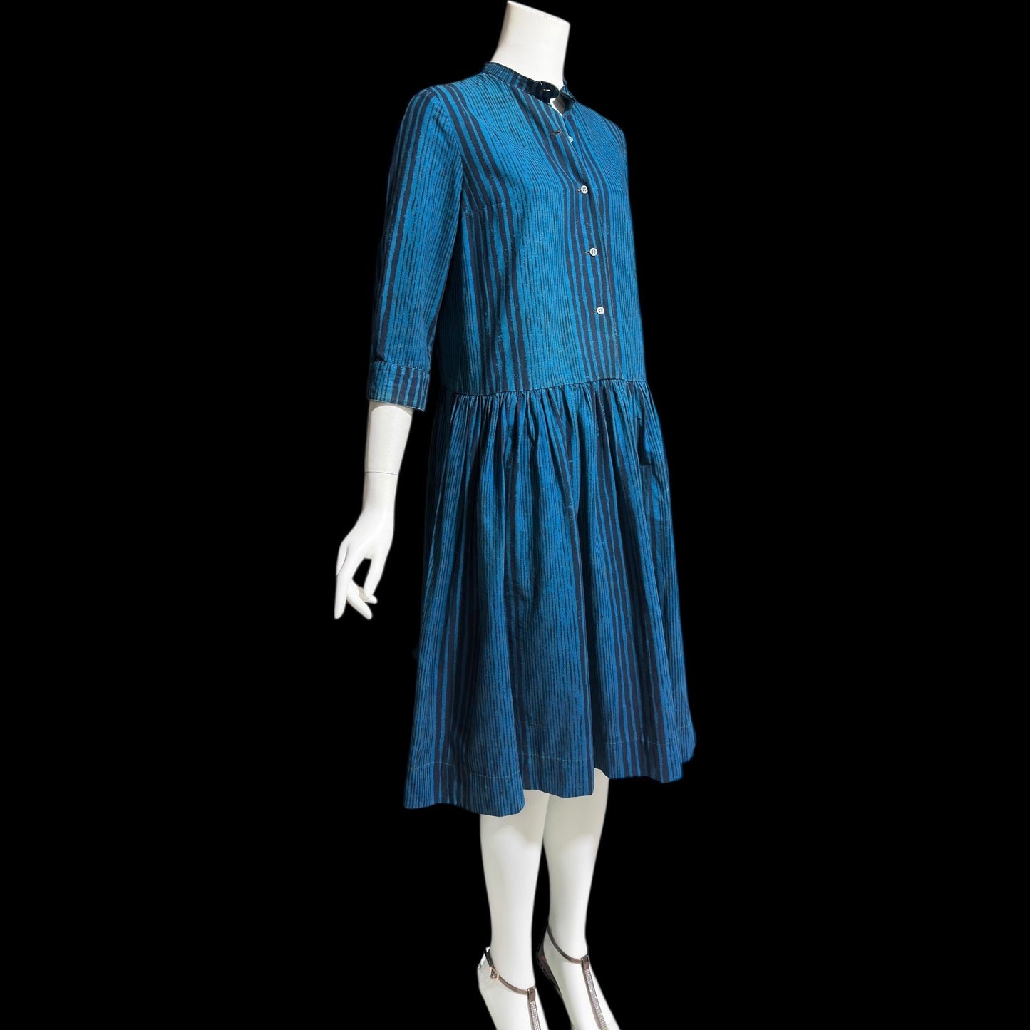 MARIMEKKO vintage 1960s day dress, Suomi Finland cotton shirt dress, Blue black stripe