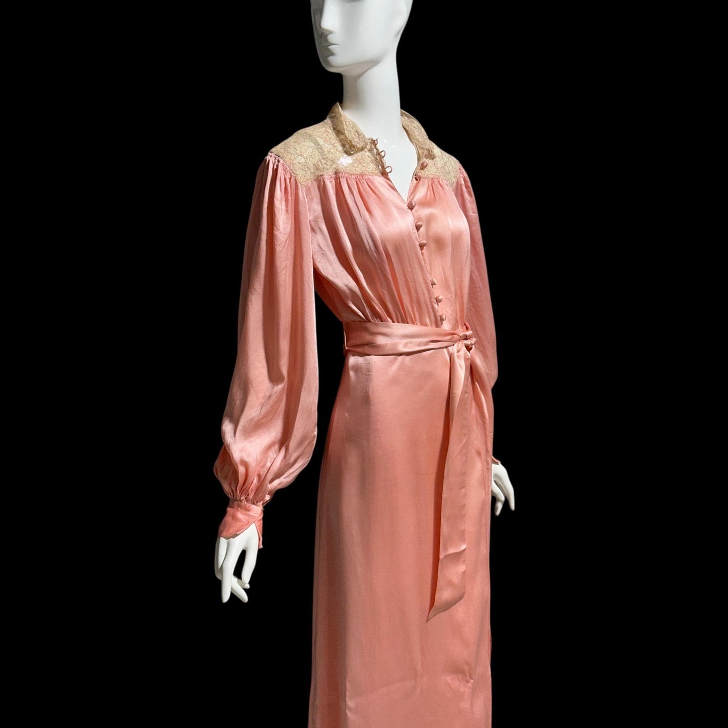 1930s vintage dressing gown robe, Shimmering Peachy pink silk with amazing lace, wrap front house coat loungewear