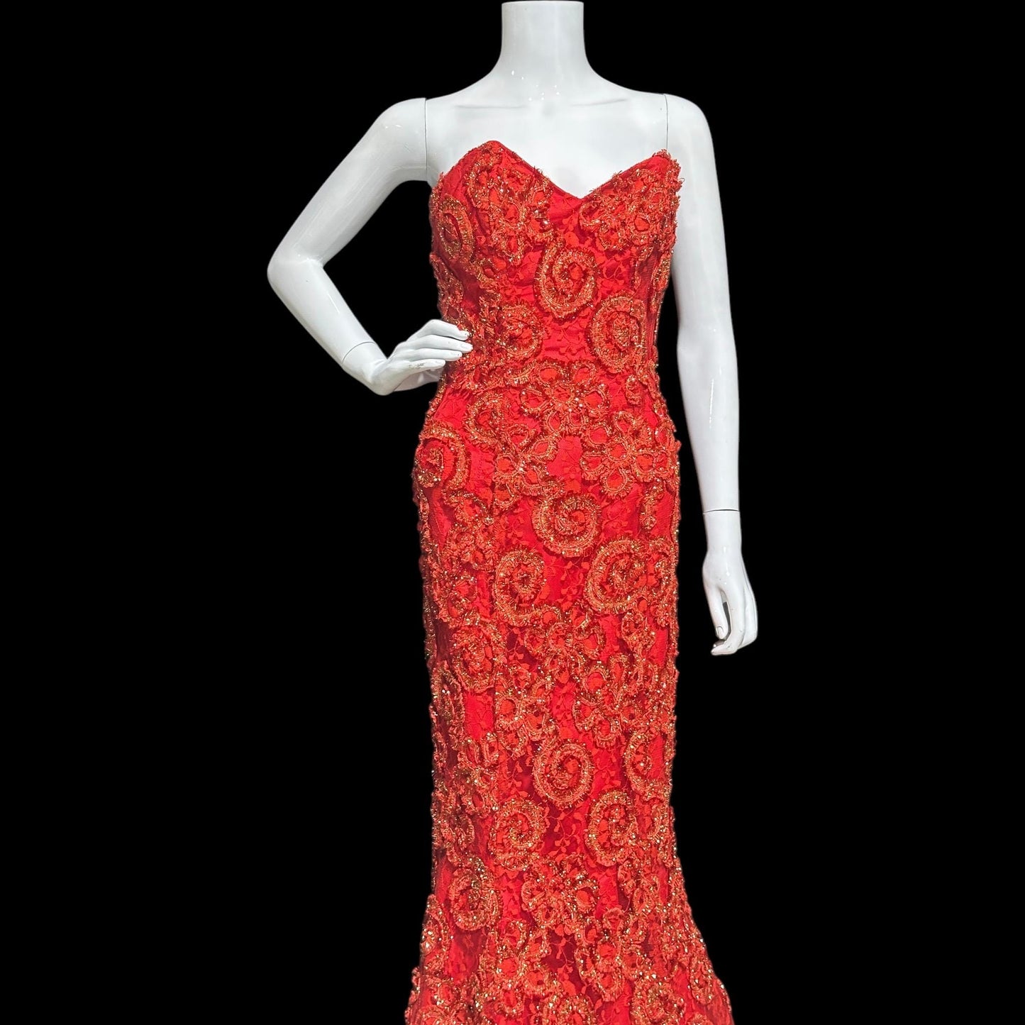 ALYCE DESIGNS, vintage 1980s evening dress, cherry red strapless sheath mermaid gown, bodycon and eyelash lace