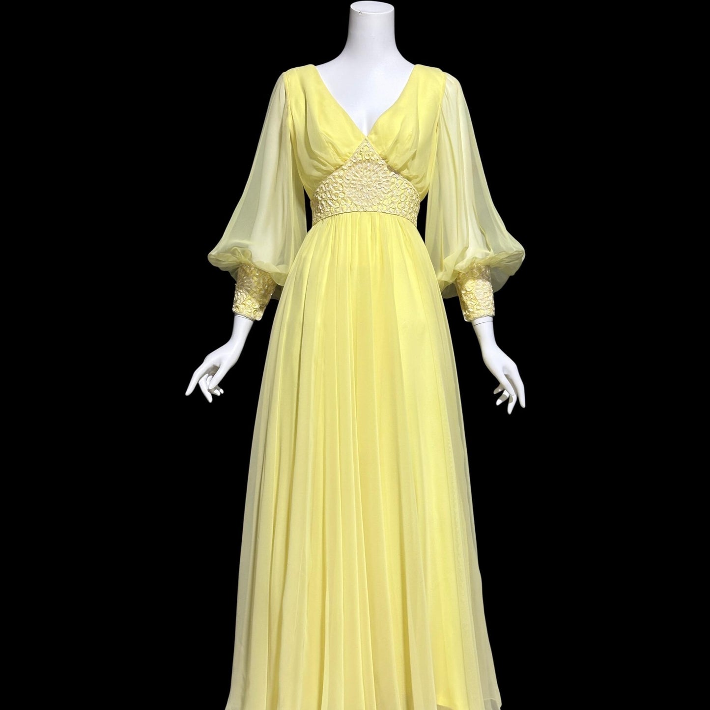 MIKE BENET, vintage 1970s evening dress, Lemon Yellow chiffon sequin formal ball gown