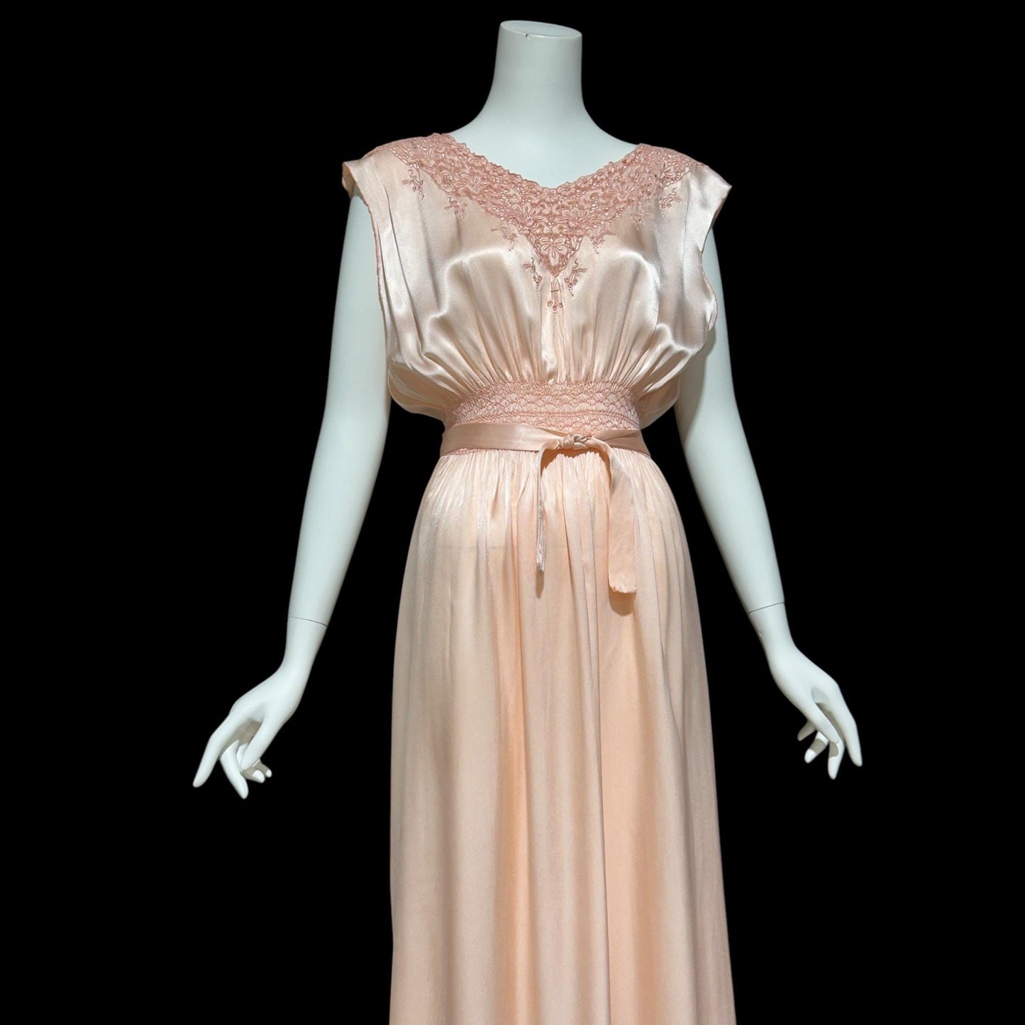 1930s vintage Nightgown slip dress, peachy pink silky smocked night dress