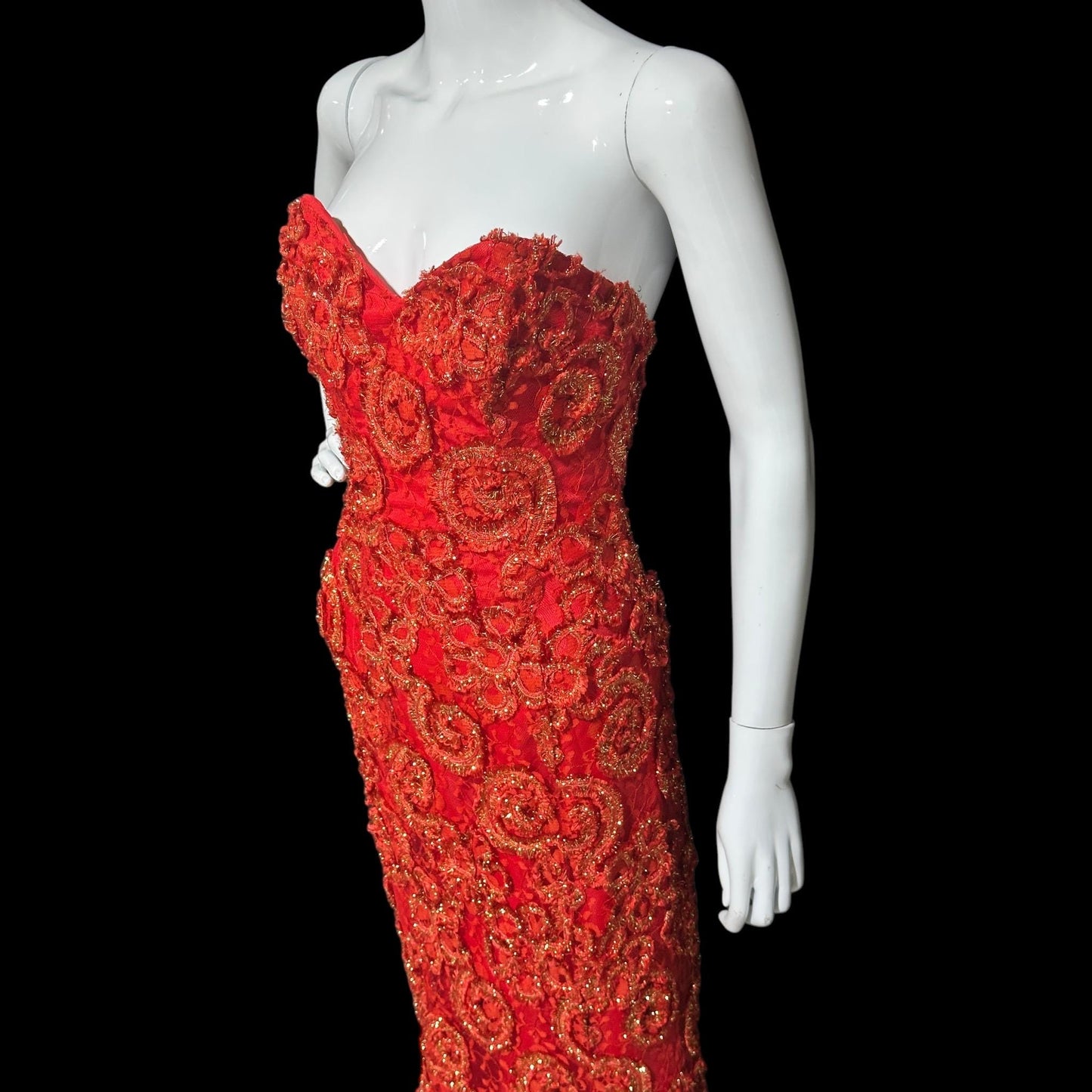 ALYCE DESIGNS, vintage 1980s evening dress, cherry red strapless sheath mermaid gown, bodycon and eyelash lace