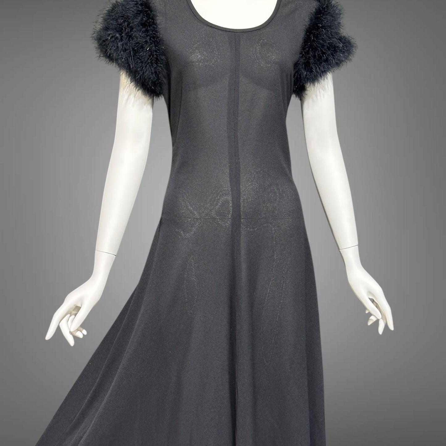 FIFTH AVENUE ROBES, vintage 1950s nightgown, black sheath evening gown with marabou sleeves, totally sheer house dress