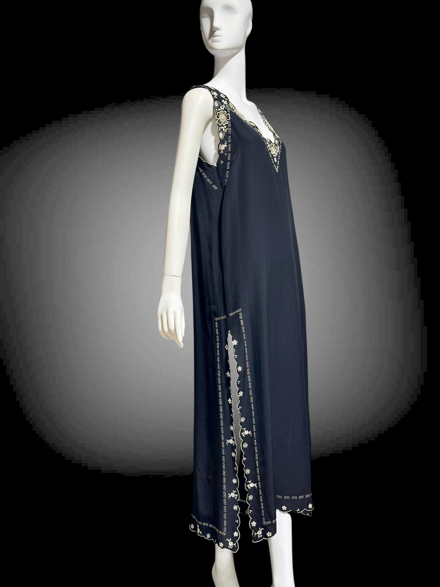 PEONY, vintage 1950s Silk Nightgown slip dress, black and white shift cut hand embroidered long gown