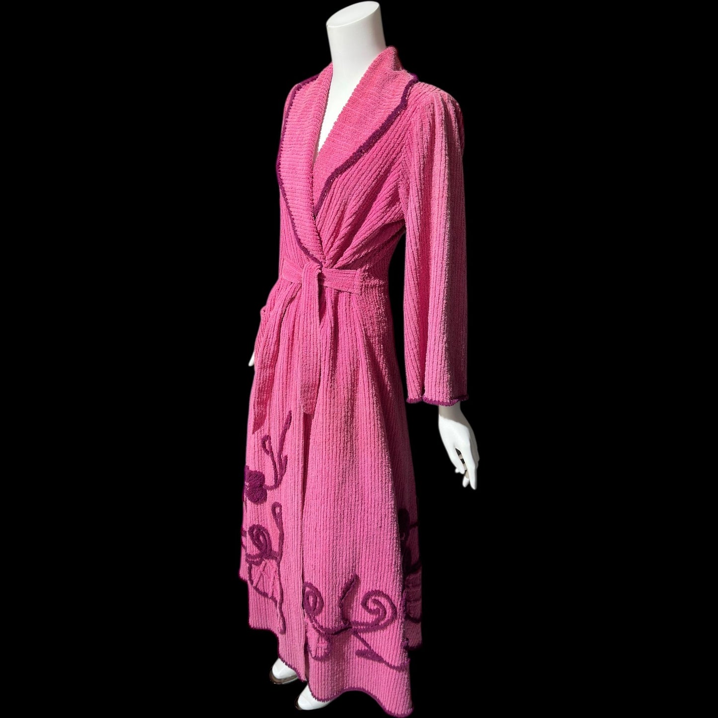 1940s vintage dressing gown robe, Raspberry Pink cotton chenille wrap front housecoat, full length hostess dress, Embroidered