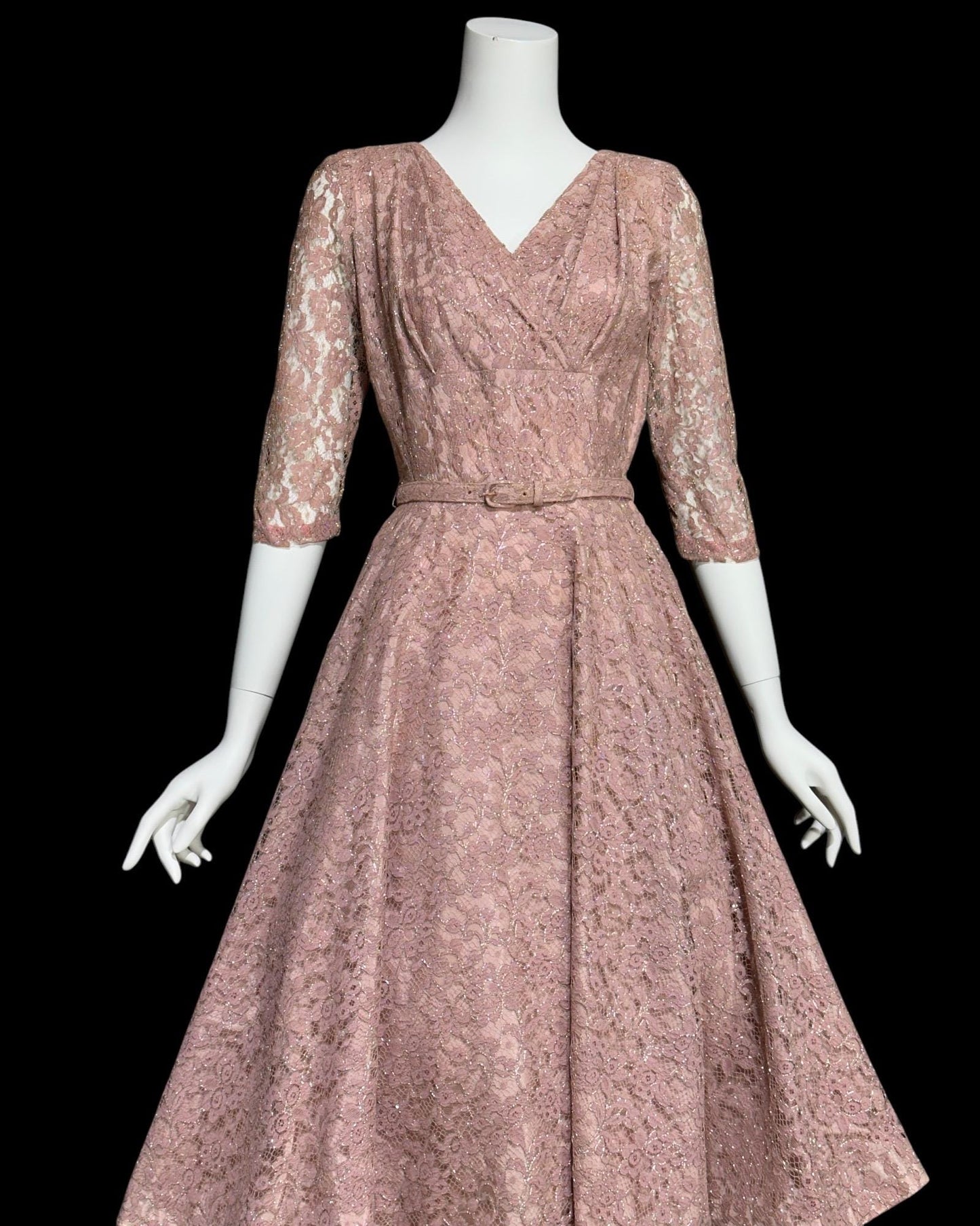 ANN KAUFFMAN, vintage 1940s dress, Old Rose Pink lace w/ silver metallic, shelf bust fit and flare cocktail party evening dress