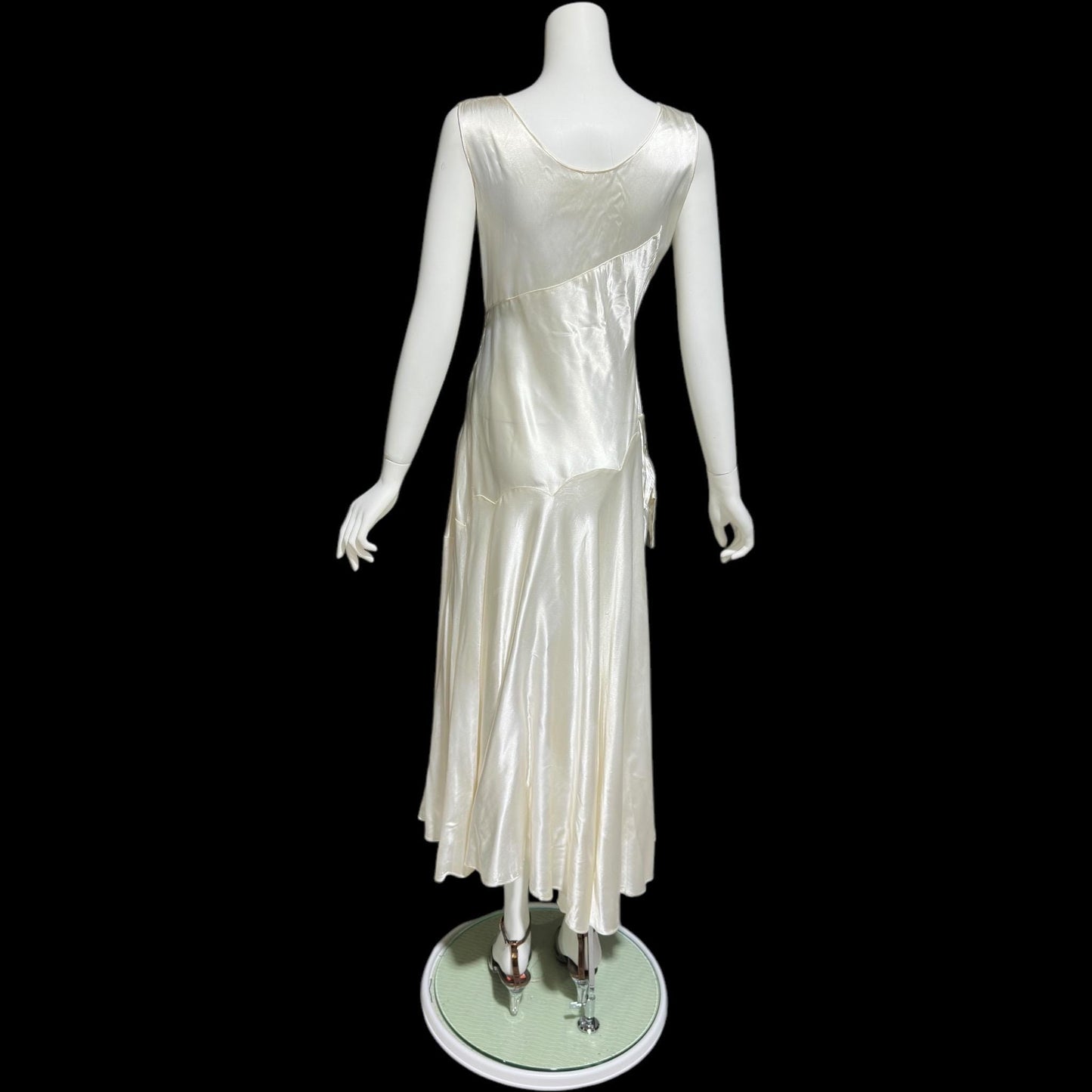 1940s vintage wedding dress, shimmering white satin tea length bridal ball gown