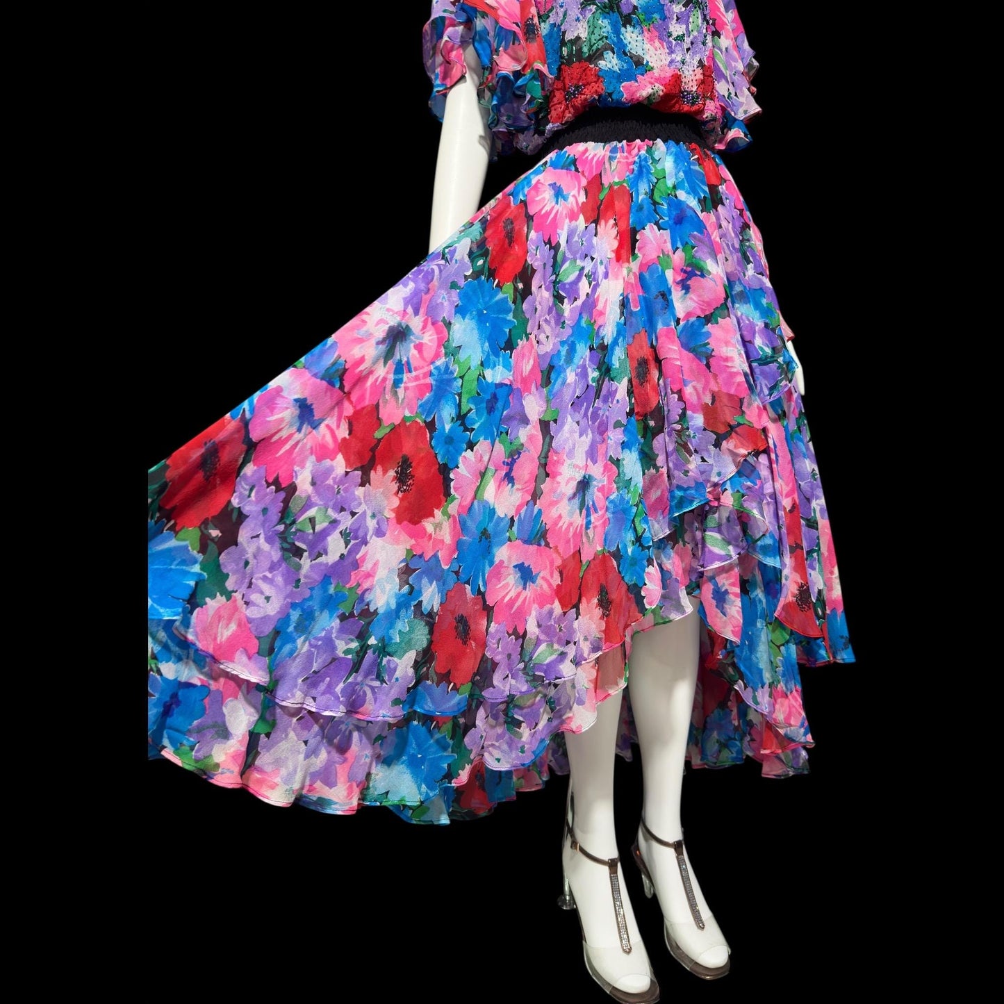 DIANE FREIS vintage 1980s silk dress, Neiman Marcus floral gypsy dress, flutter sleeves high low ruffle cocktail dress