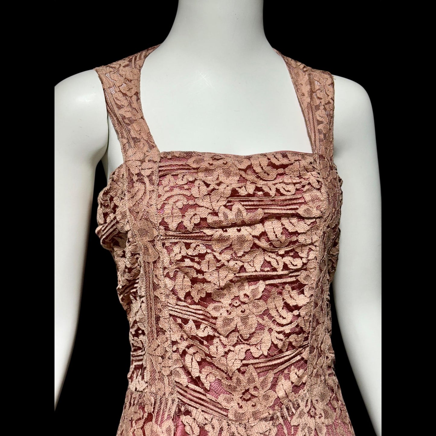 1930s vintage evening dress, Dusty pink lace sheath gown, fully lined