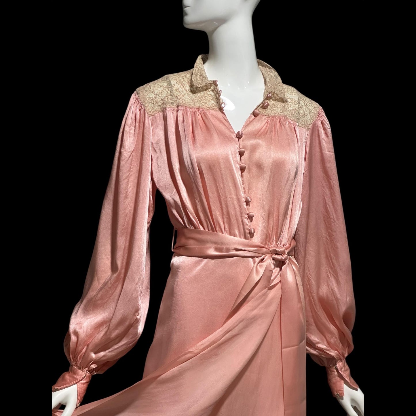 1930s vintage dressing gown robe, Shimmering Peachy pink silk with amazing lace, wrap front house coat loungewear