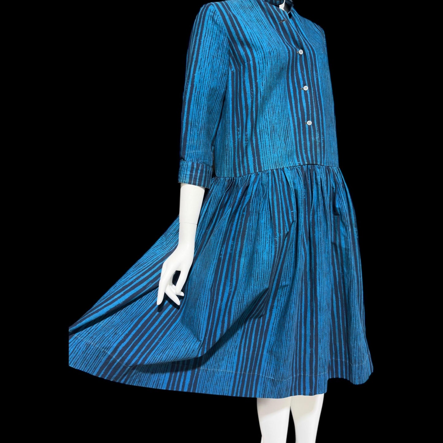 MARIMEKKO vintage 1960s day dress, Suomi Finland cotton shirt dress, Blue black stripe