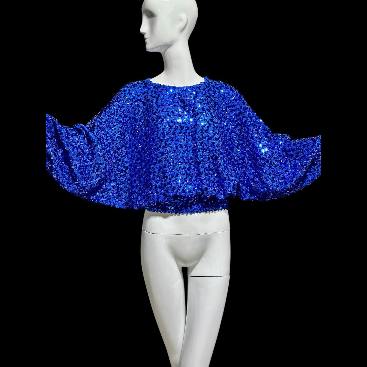 MISTER JAY vintage 1970s sequin disco sweater, Royal blue knit batwing evening cropped top, stretchy
