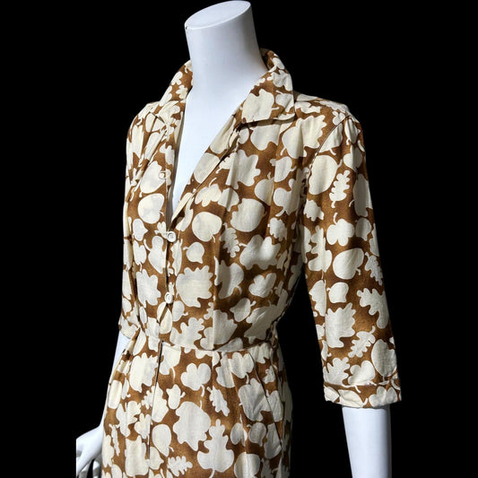 COURREGES vintage 1970s shirtdress, silk blend,  nutmeg and cream button front wear to work dress