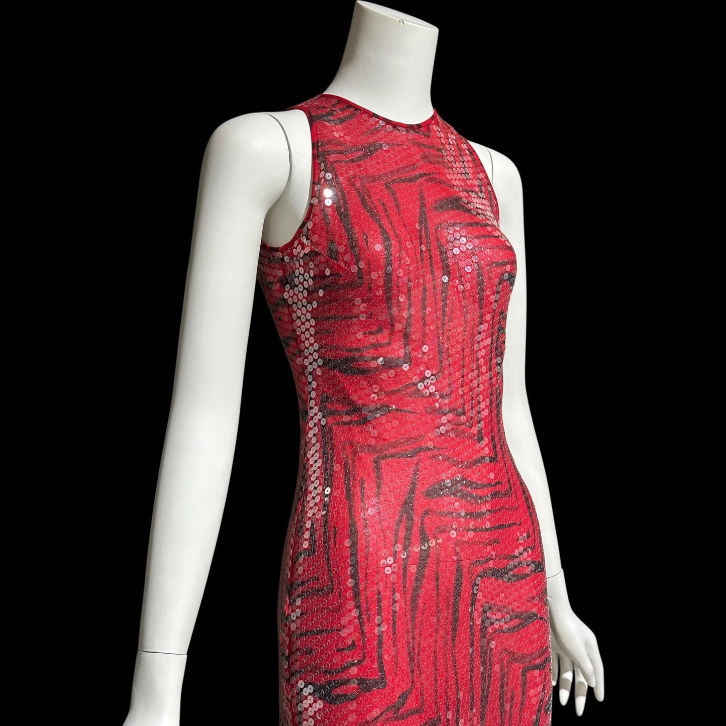 CHETTA B, vintage 1990s evening dress, Bias cut Bodycon red black tiger stripe print sheath slip maxi silk sequin gown