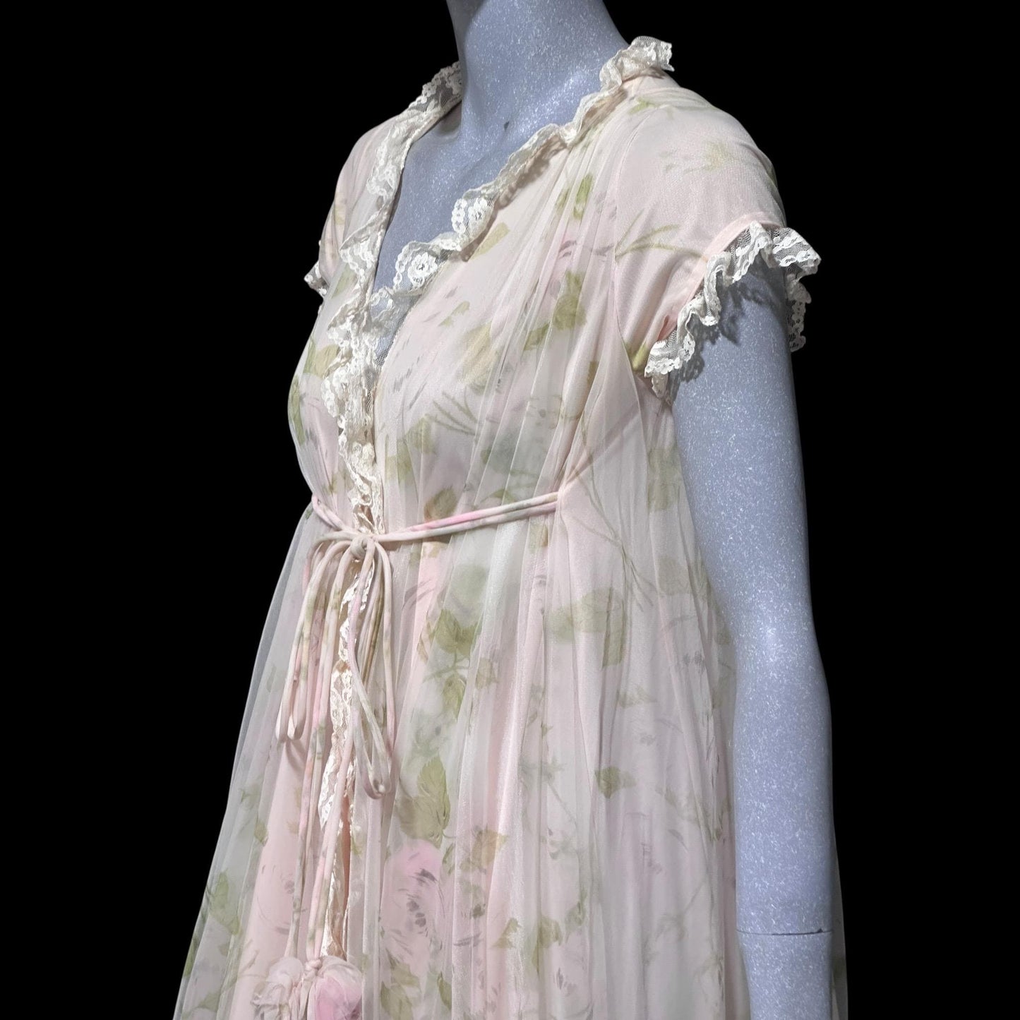 LUCIE ANN Claire Sandra, vintage 1960s Pink floral full sweep peignoir nightgown, grecian wrap pom pom dress, waterfall back robe