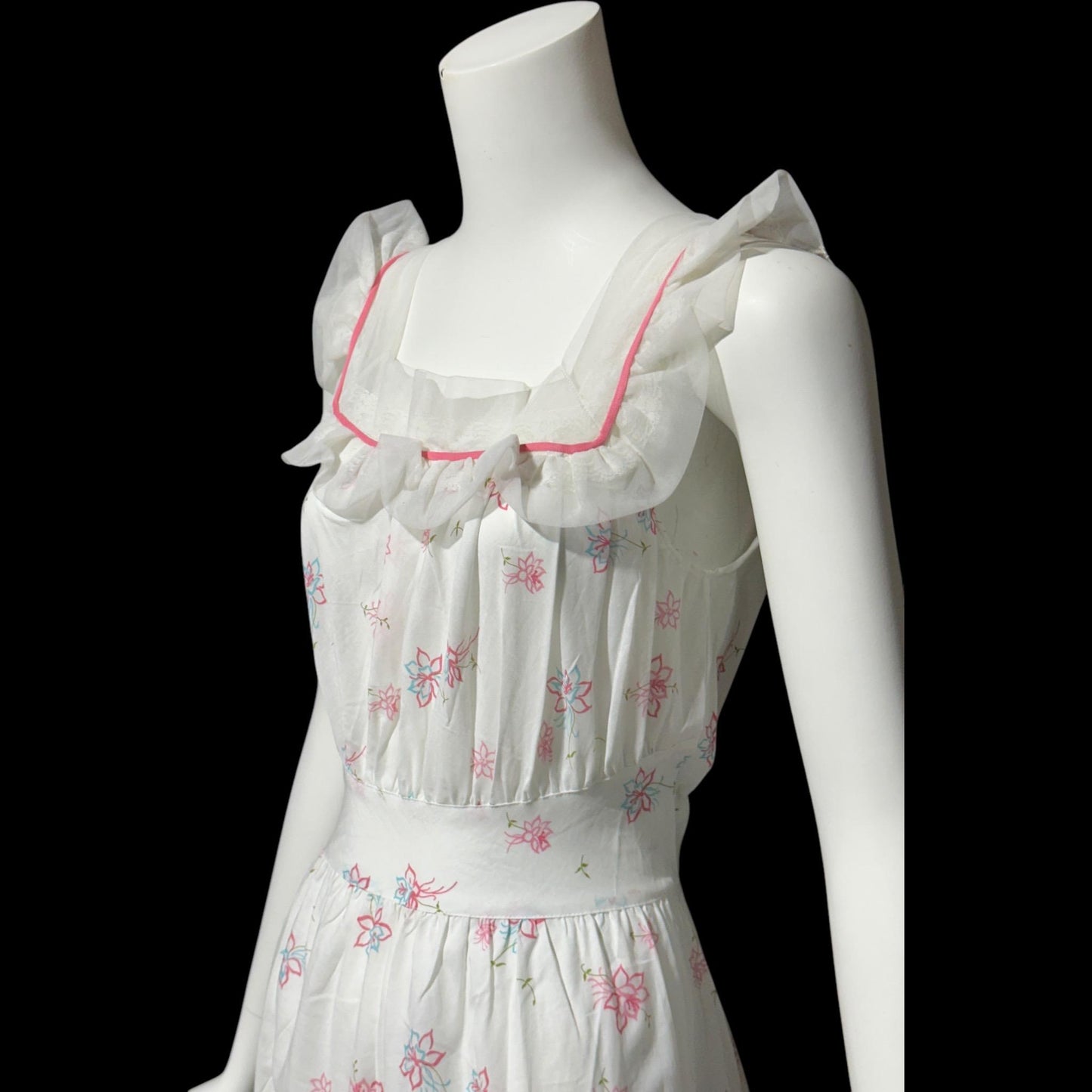 PHIL-MAID, vintage 1940s nightgown, pink blue white floral cone-bell combed cotton house dress, New Old stock