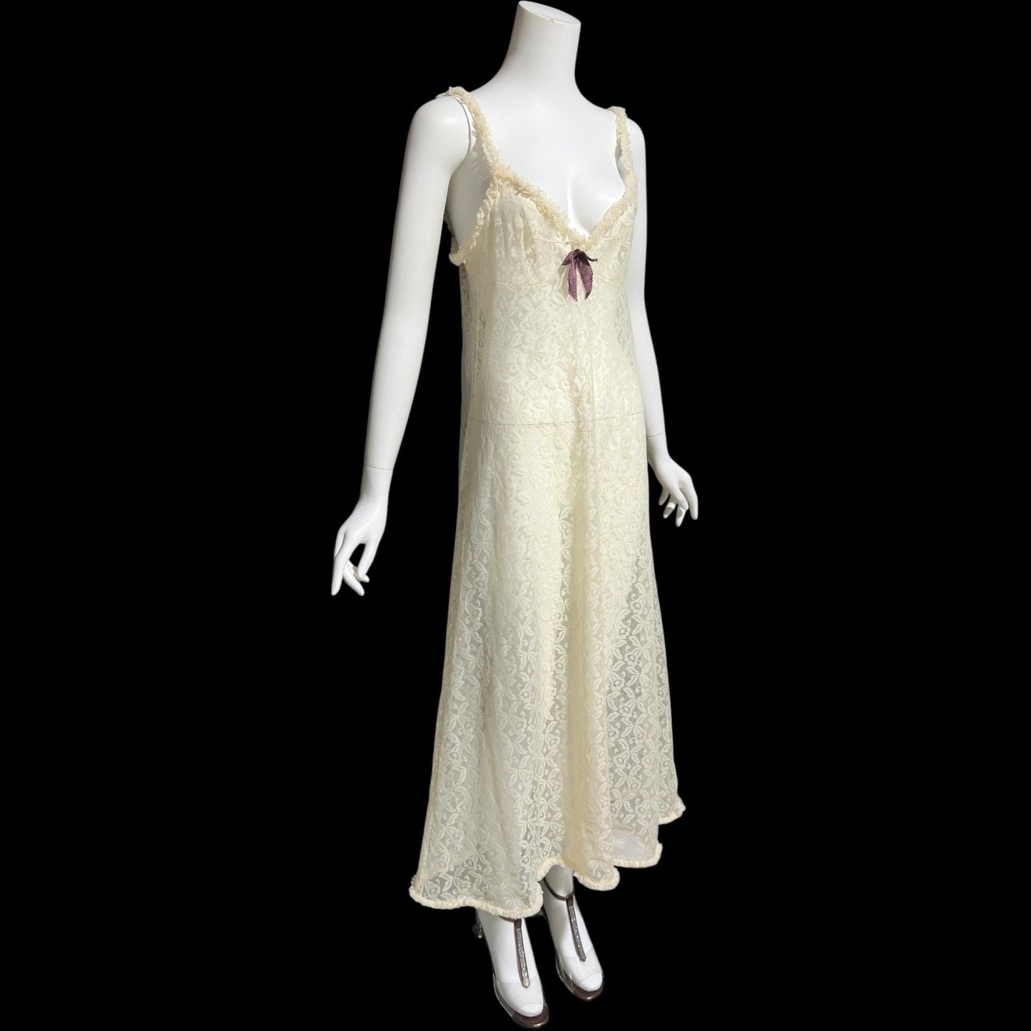 1950s vintage nightgown slip dress, ethereal sheer creamy lace night dress with ruffles
