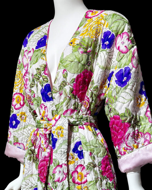 MARY MCFADDEN vintage quilted floral robe, 1980s bold flowers wrap front full length long robe, medium