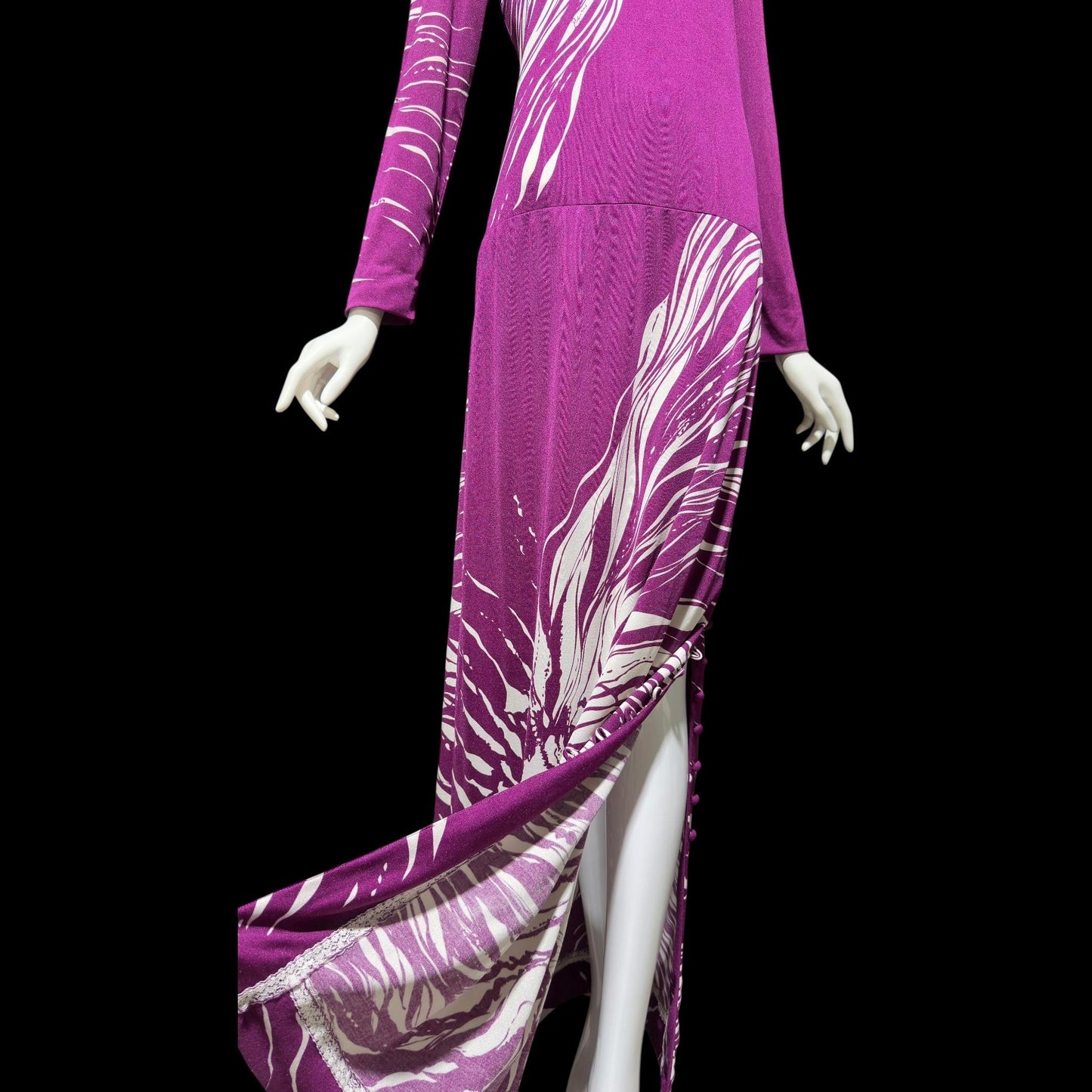 PAGANNE GENE BERK, vintage 1970s Maxi Dress, Purple white Lion face jersey knit evening dress, Stretchy, medium large