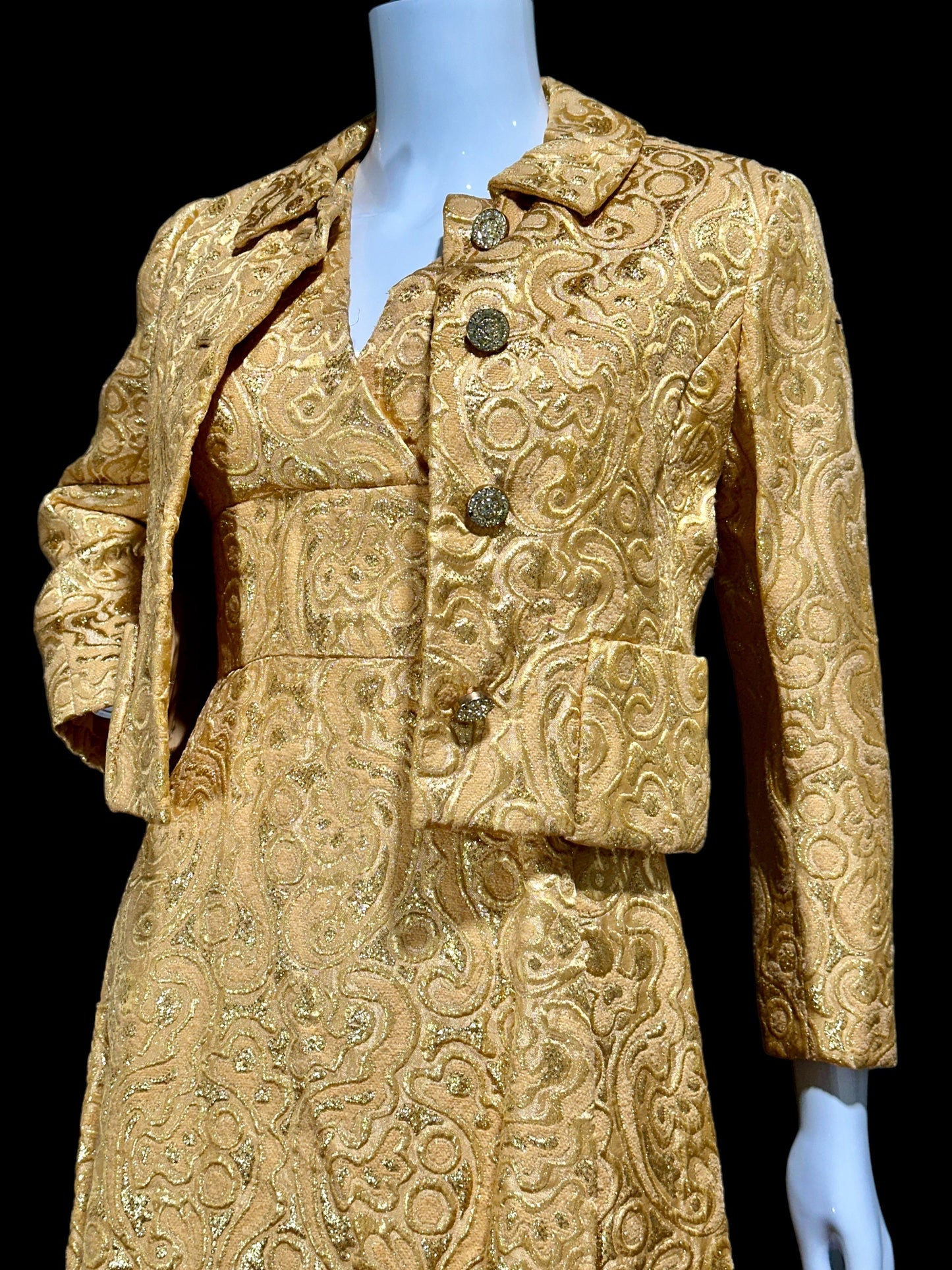 MALCOLM STARR Vintage dress jacket set, 1960s Apricot shiny gold brocade cocktail evening suit ensemble, dress and matching jacket