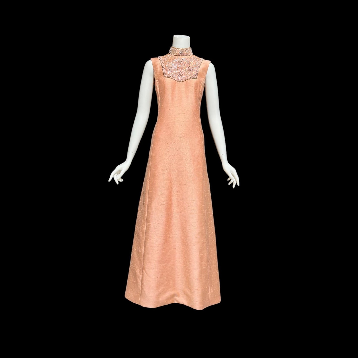 SMART MISS Vintage 1960s evening gown and opera coat ensemble, Peach raw silk high neck beaded mod column dress and duster